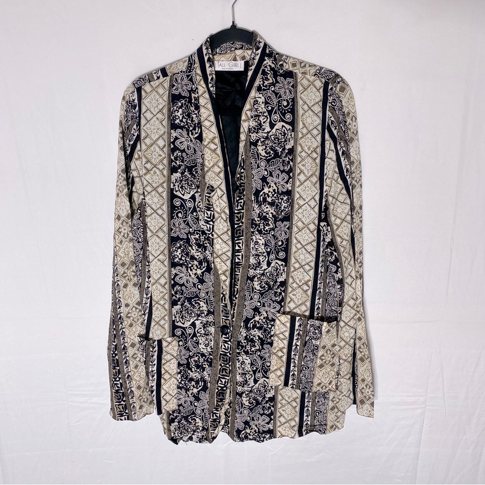 Vintage Tall Girl Cream Black Multi Print Lightweight Blazer L - Picture 12 of 12